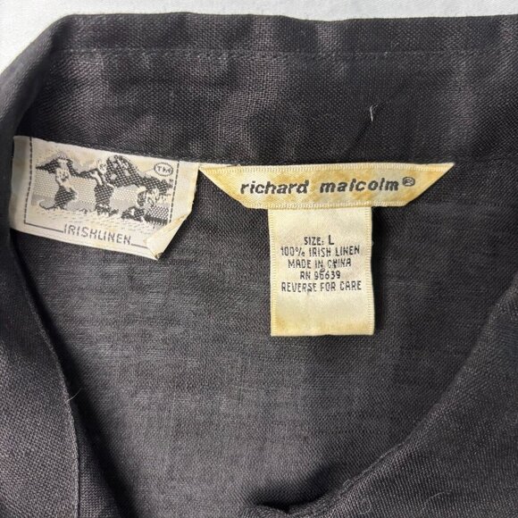 RICHARD MALCOM Large 100% Irish Linen Embroidered Waist Tie Black Blouse - Picture 7 of 8